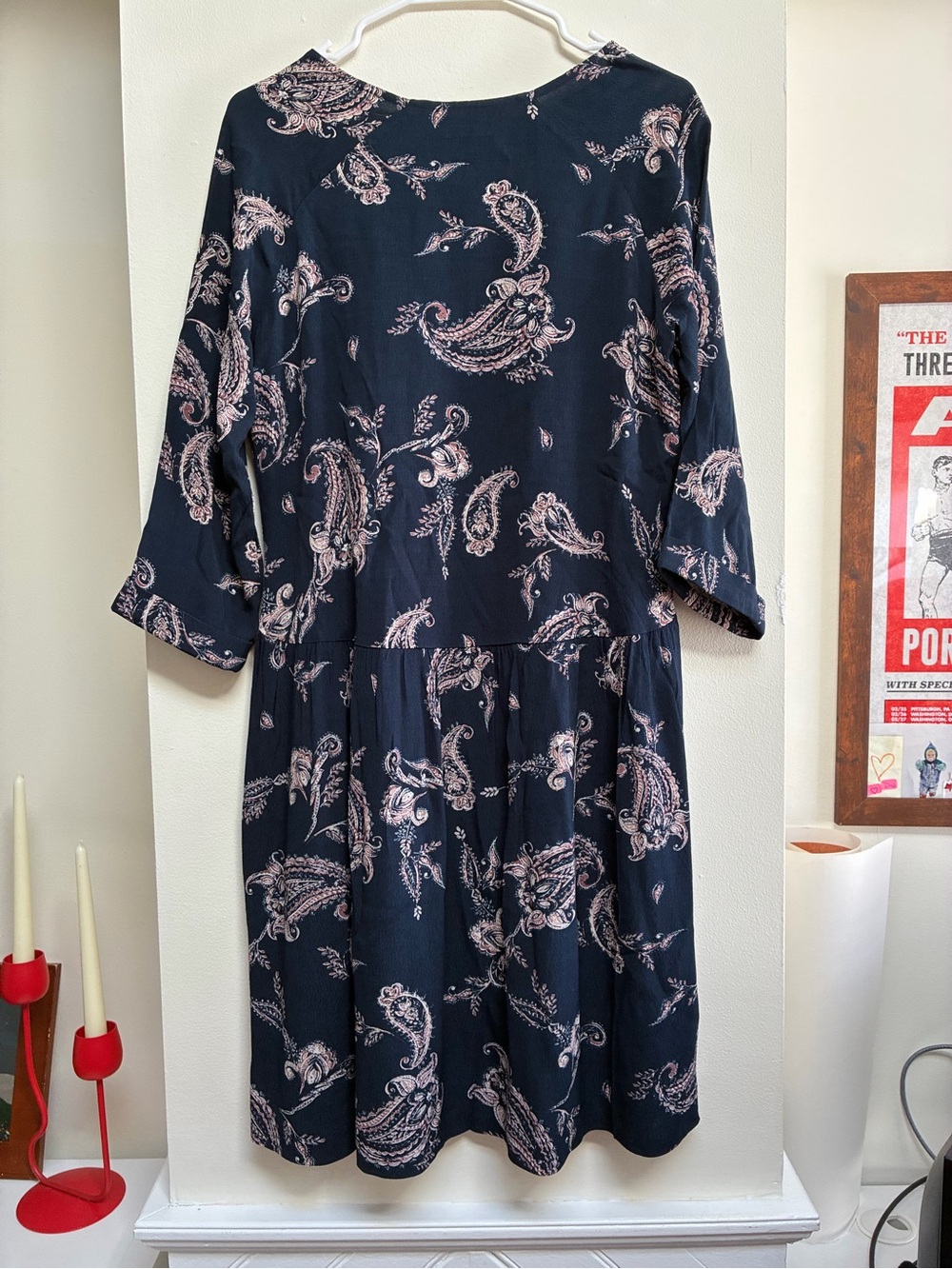 Garnet Hill Navy Midi Dress with Pink Paisley Print